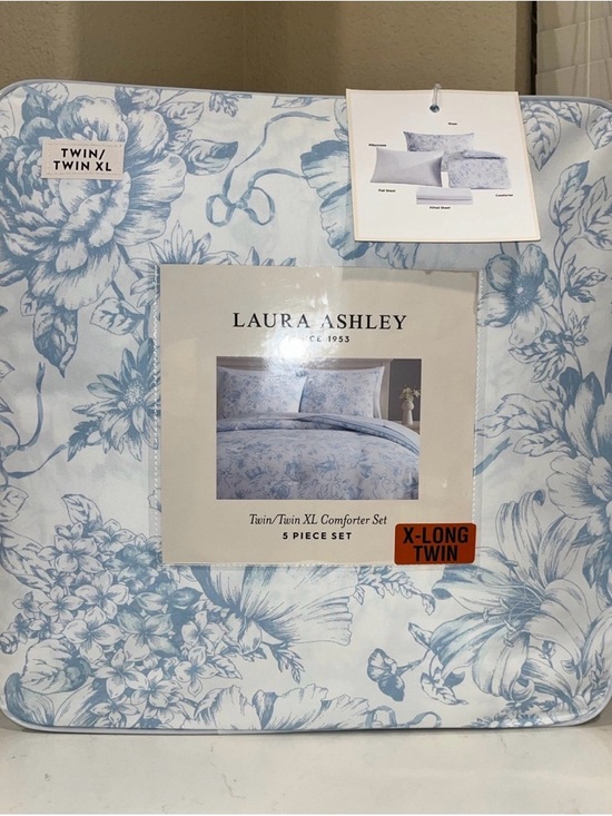 LAURA ASHLEY 5 PIECE BLUE BOWDELPHINESHABBY CHIC SIZE TWIN XL COMFORTER SET